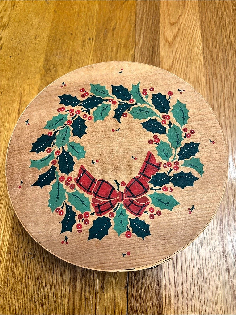 Cookie/ candy wood storage Round Holiday Decor with Holly & Bow